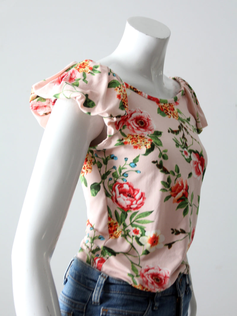 vintage rose print ruffle blouse