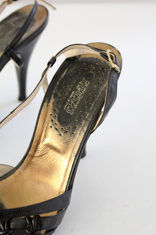 LOUIS VUITTON, A VINTAGE PAIR OF LEATHER HIGH HEEL LADIES' SHOES Having a  monogram pattern with blac