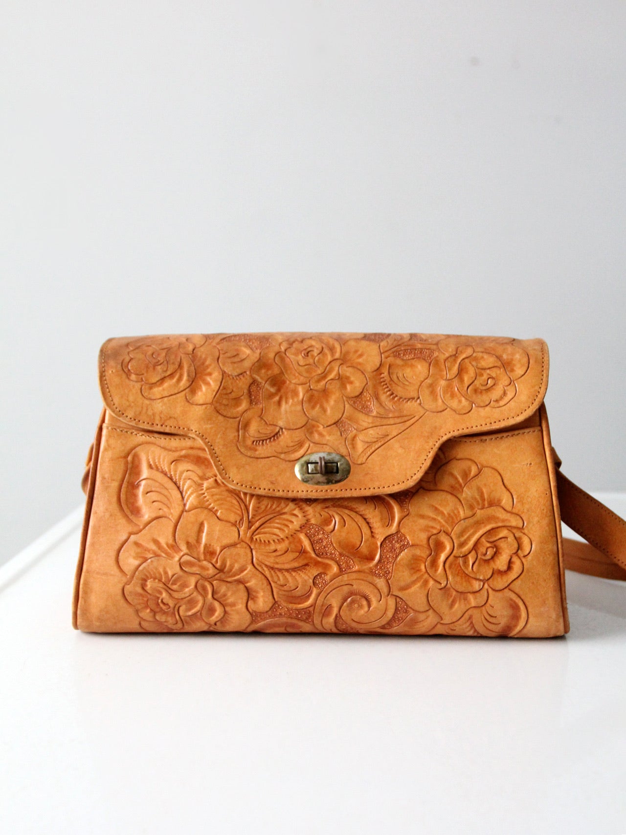 Vintage Hand Tooled Leather Handbag Purse Mexico Cros… - Gem