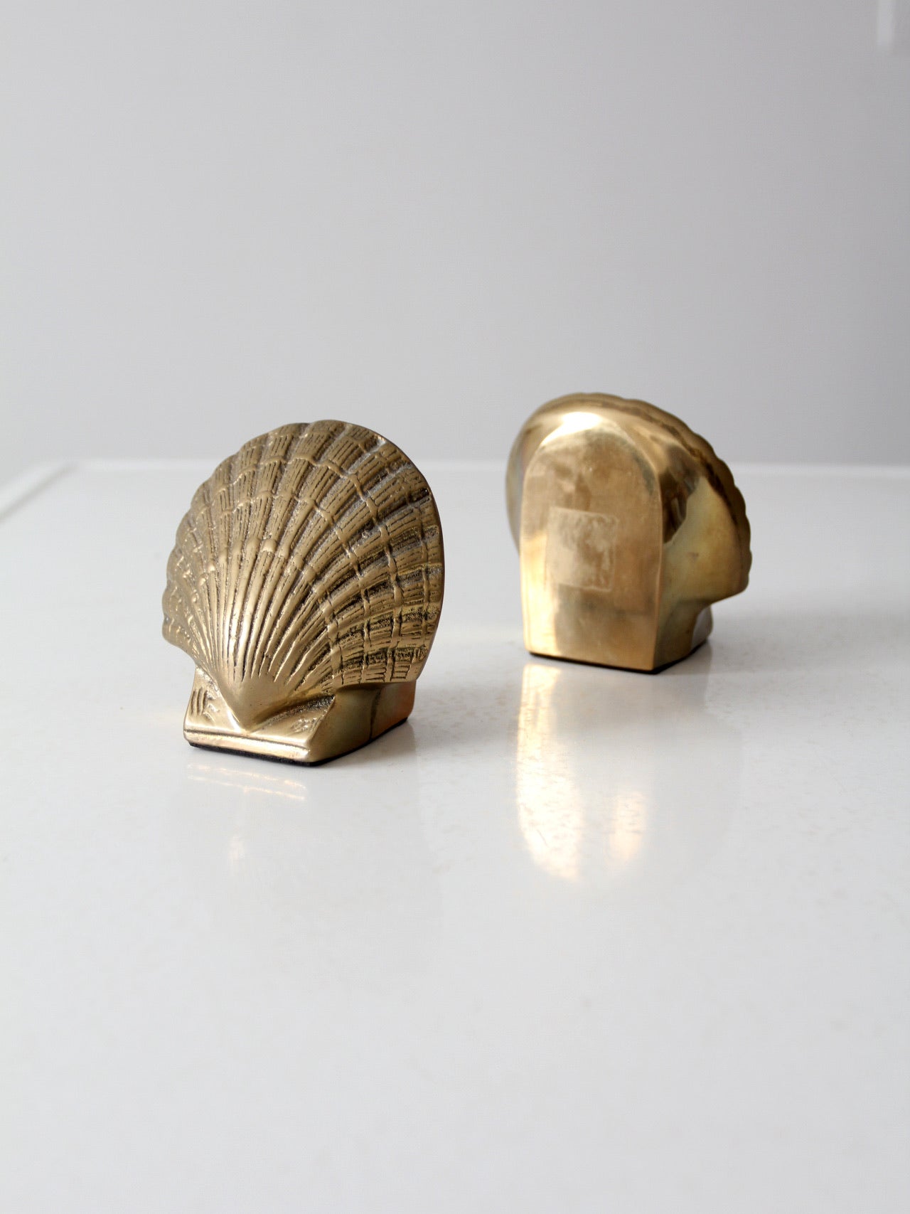 Vintage 1970s Mid Century Solid Brass Seashell Clam Bookends