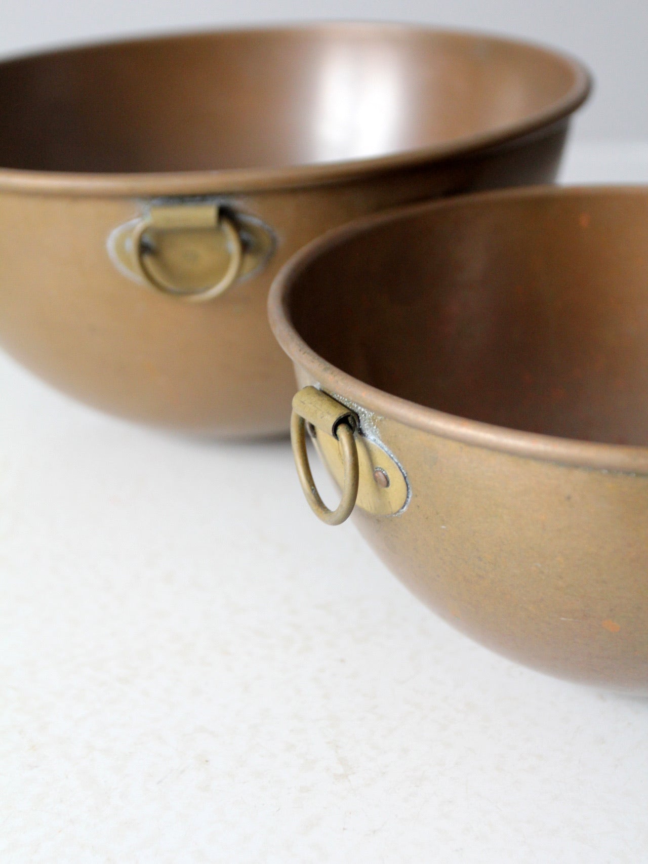 Vintage Set of 3 Copper Mixing Bowl Brass Ring Rounded Bottom Wall