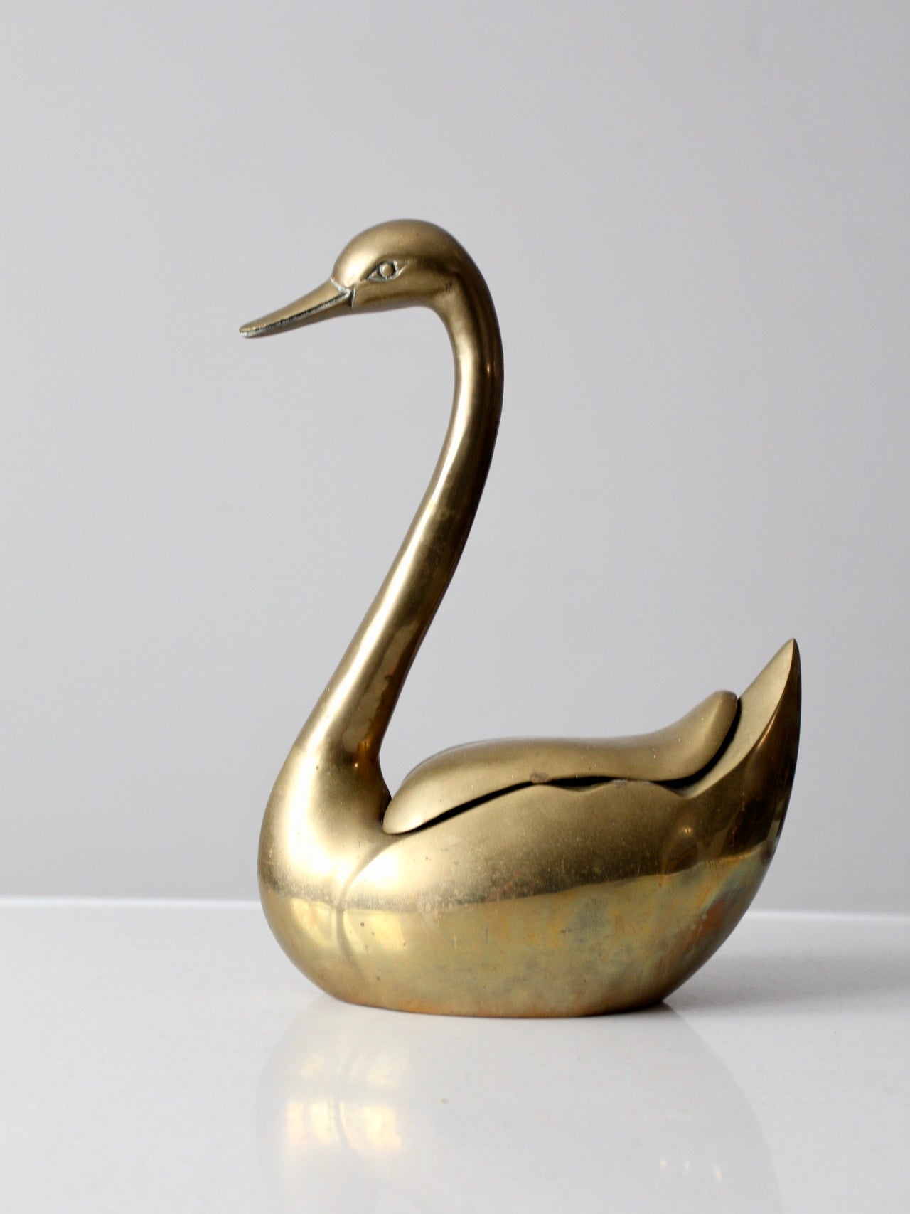 small solid brass swan figurine, 70s vintage paperweight long