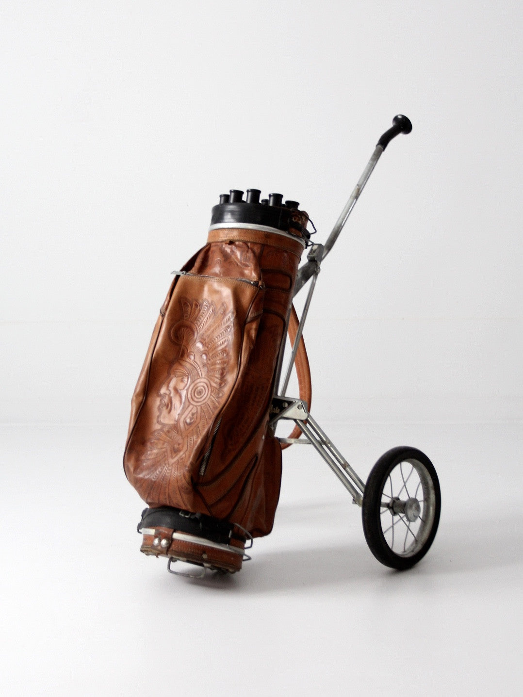 SP378 Harold Vintage Leather Golf Bag and Clubs Prop Rental - ACME Brooklyn