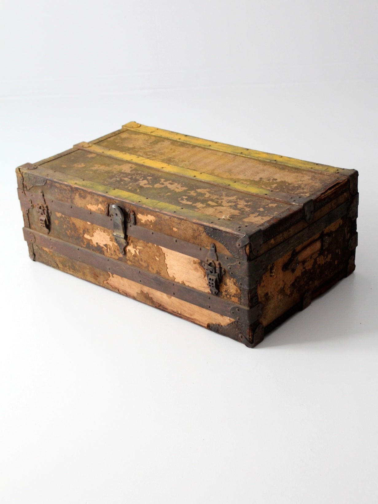 Antique Trunk in Painted Fir Wood with Bombed Slatted Cover and Original  Hardware for sale at Pamono
