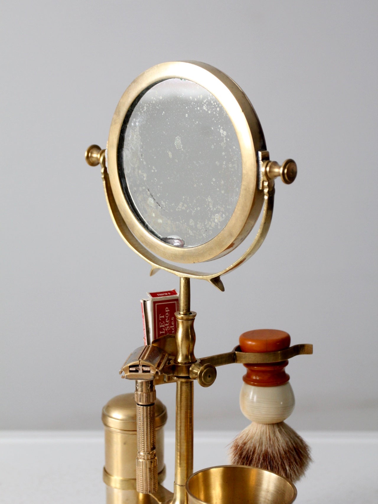 antique brass grooming stand with mirror and Gillette razor – 86