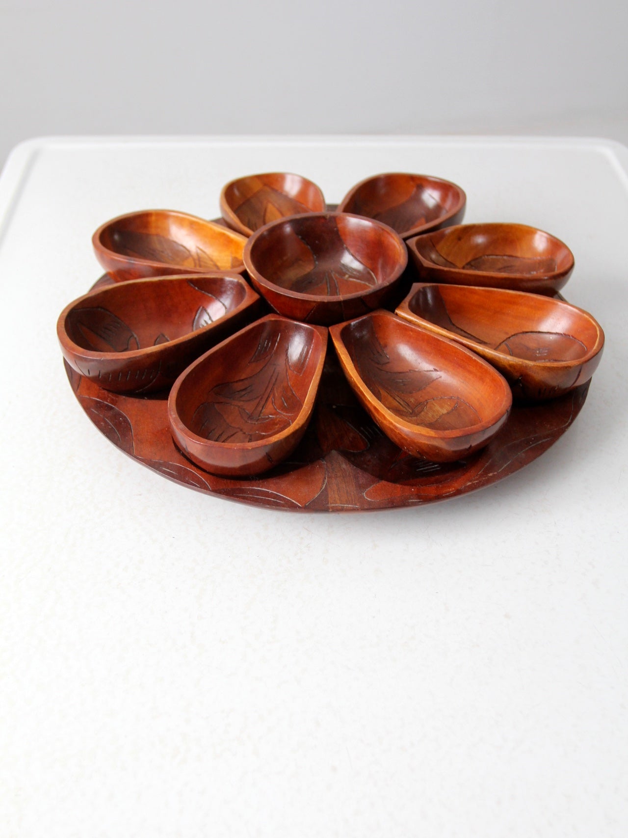 Vintage authentic hand carved wooden rotating serving tray